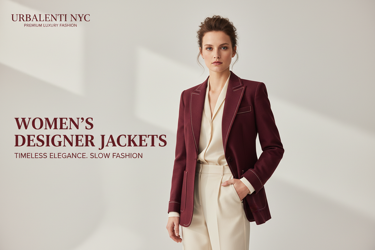 Elegant woman wearing a burgundy tailored blazer in a luxury fashion setting, showcasing Women's Designer Jackets from Urbalenti NYC. Shop Women's Designer Jackets Now at Urbalenti NYC.