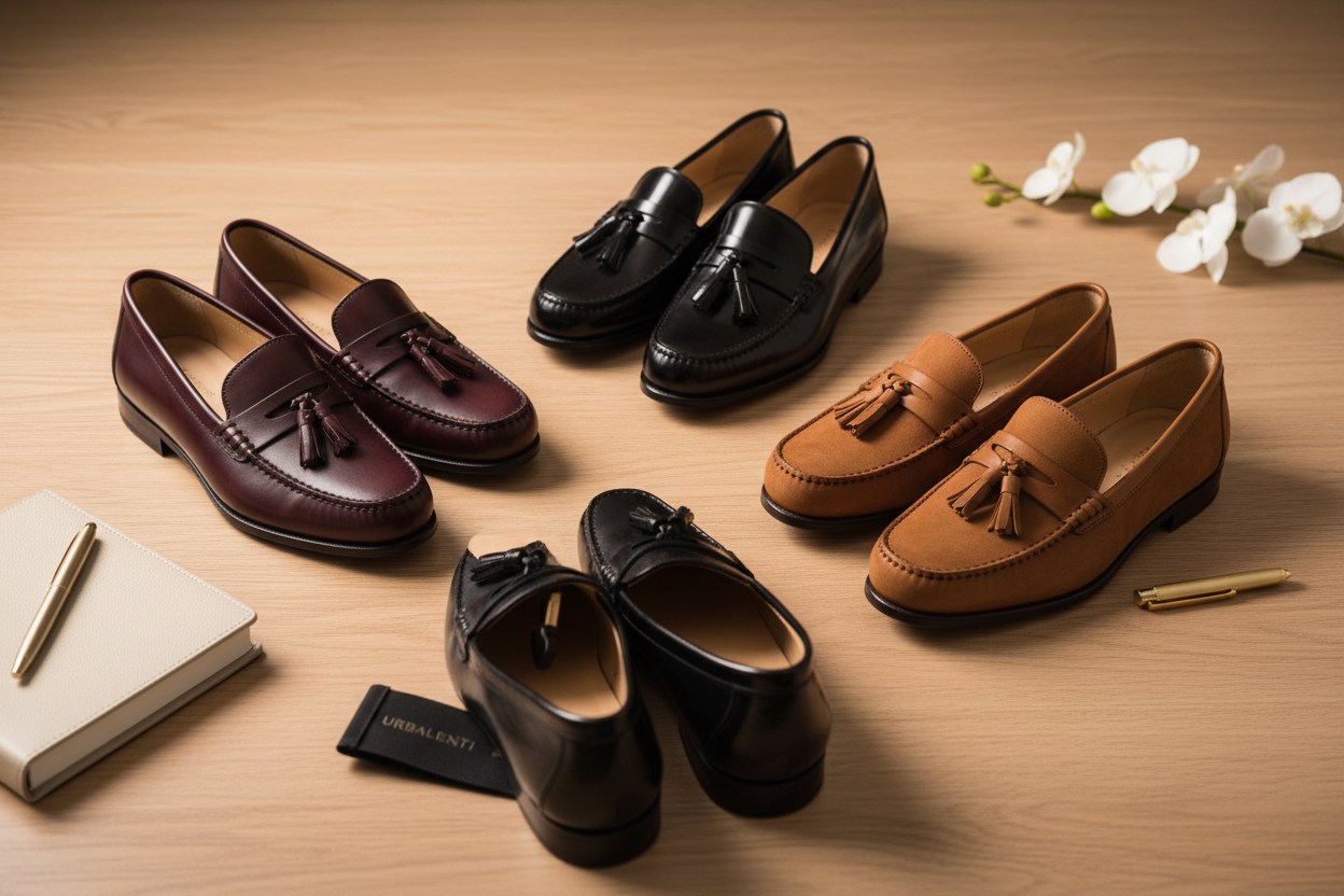 Women's Designer Loafers collection featuring brown and black leather tassel loafers arranged on a wooden surface – Shop now at Urbalenti NYC