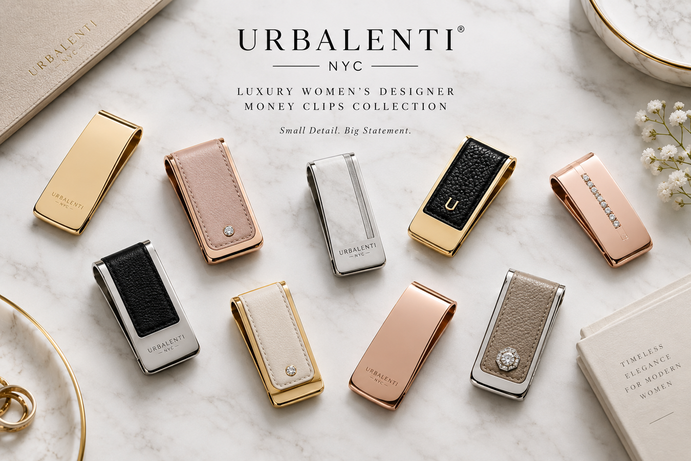 Luxury collection of gold, rose gold, silver, and black designer money clips arranged on a marble surface—Designer Money Clips for Women. Shop Online and Shipped from Italy Luxury Designer Money Clips for Women at Urbalenti NYC.