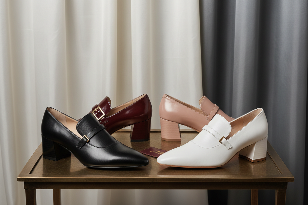 Women's Designer Oxfords and Derbies in black, burgundy, blush, and white leather with block heels displayed on a table; Shop Women's Designer Oxfords and Derbies at Urbalenti NYC.