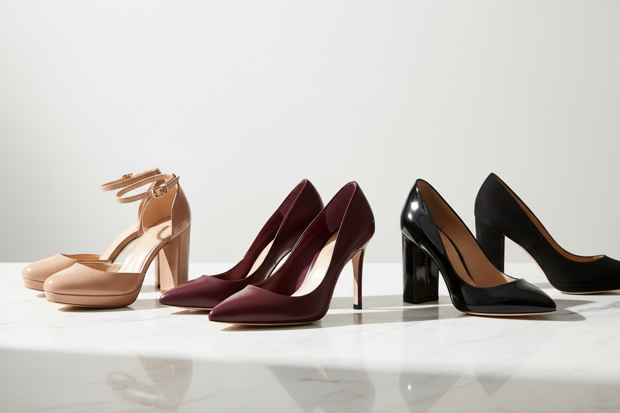 Women's Designer Pumps collection featuring nude, burgundy, black, and patent leather high-heel styles displayed in a luxury setting. Shop Women's Designer Pumps | Luxe Styles at Urbalenti NYC