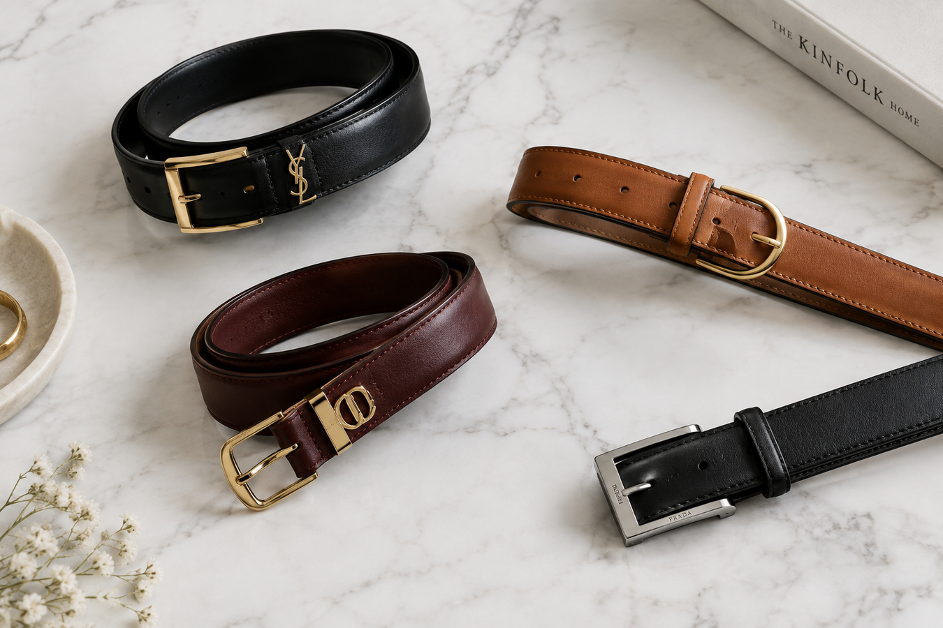 Women's Designer Regular Belts featuring black, brown, and burgundy leather belts with gold and silver buckles displayed on a marble surface. Explore Designer Regular Belts—Shop Women's Designer Regular Belts | Buy Now at Urbalenti NYC.