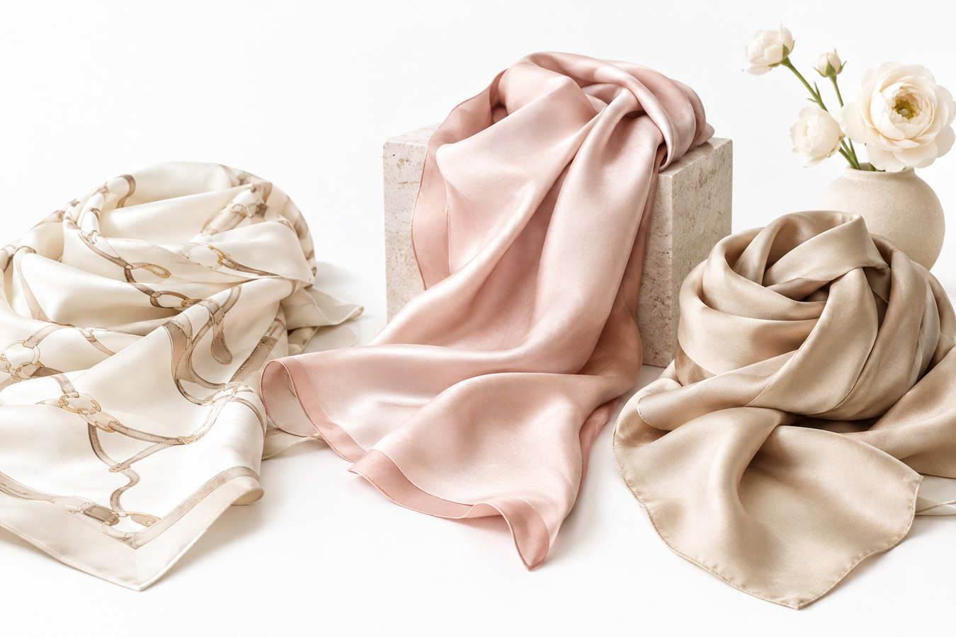 Women's Designer Scarves collection featuring cream patterned, blush pink, and beige luxury scarves styled with flowers—Shop Women's Designer Scarves Today at Urbalenti NYC.
