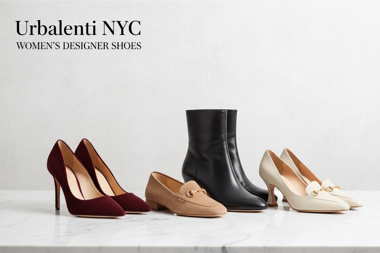 Women's Designer Shoes collection featuring burgundy stiletto pumps, tan loafers, black ankle boots, and cream pointed-toe heels from Urbalenti NYC. Women's Designer Shoes – Shop now at Urbalenti NYC