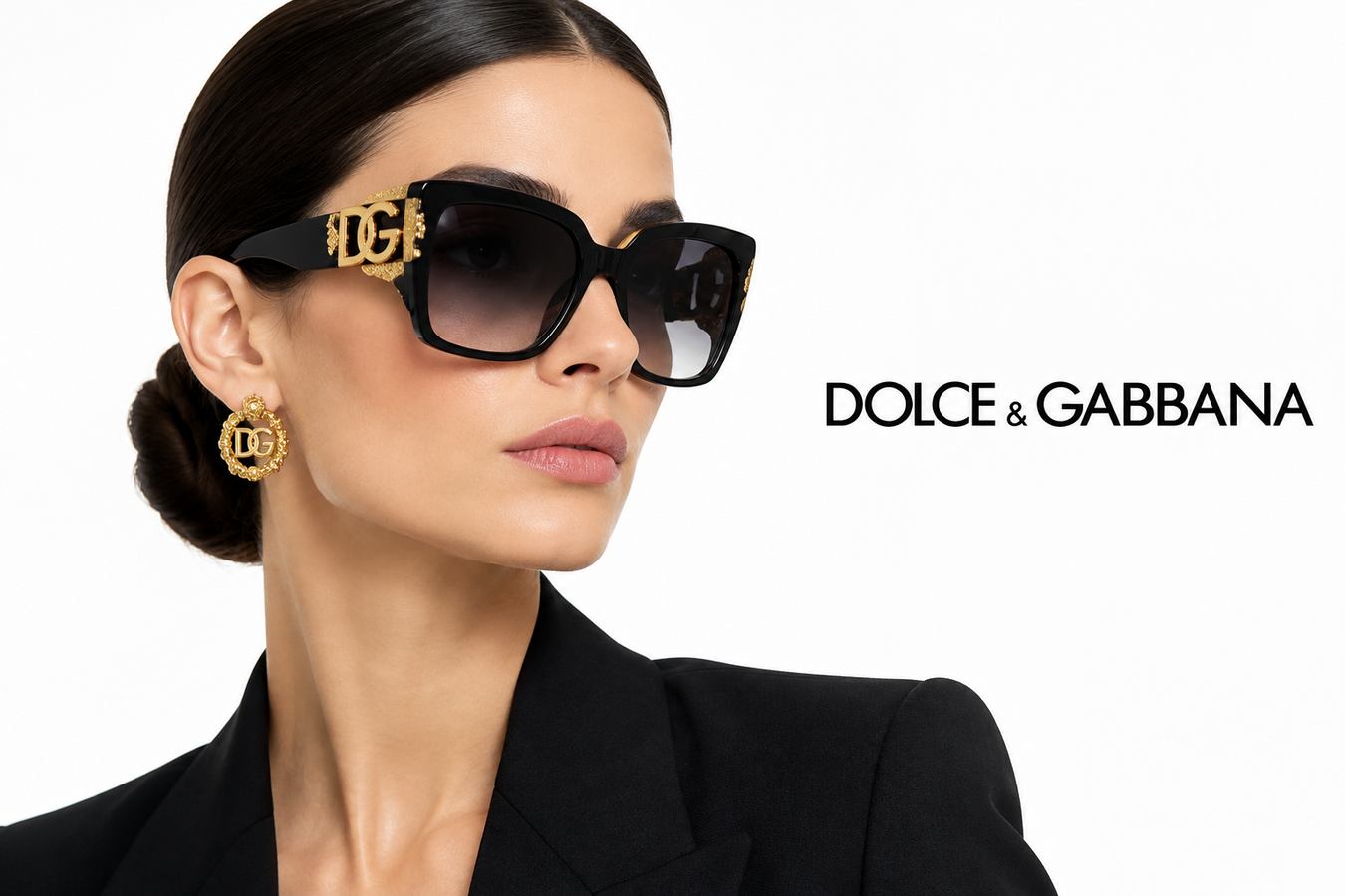 Women's Designer Sunglasses featuring a woman wearing bold black Dolce & Gabbana sunglasses with gold logo details; Shop Women's Designer Sunglasses at Urbalenti NYC.