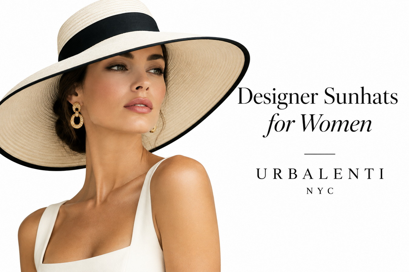 Stylish woman wearing a beige wide-brim sunhat with black trim, showcasing Designer Sunhats for Women – Shop Now at Urbalenti NYC.