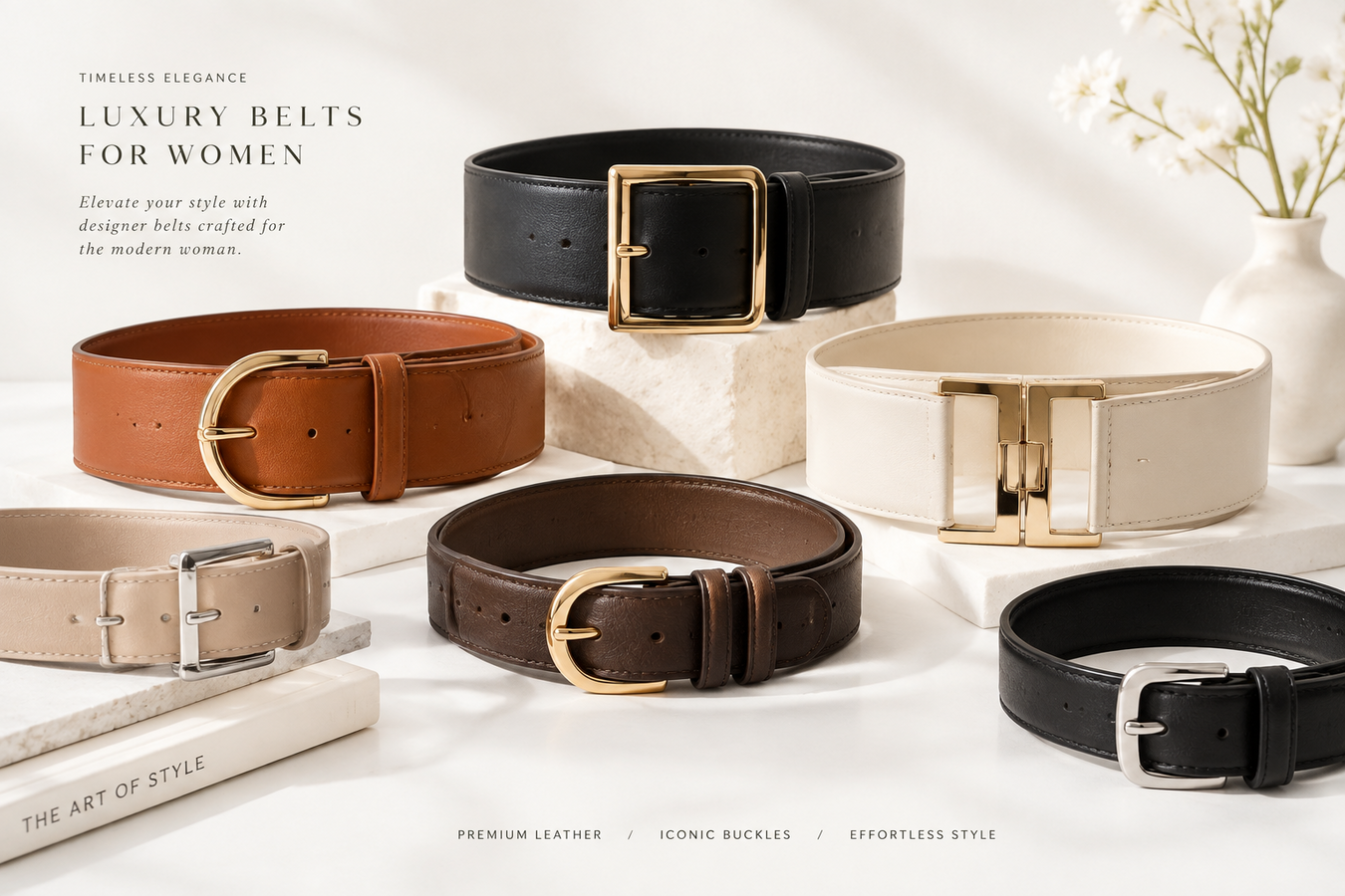 Luxury black, brown, tan, cream, and gray leather belts arranged on a modern display, showcasing Designer High-Waist Belts for Women. Shop Designer High-Waist Belts for Women at Urbalenti NYC.