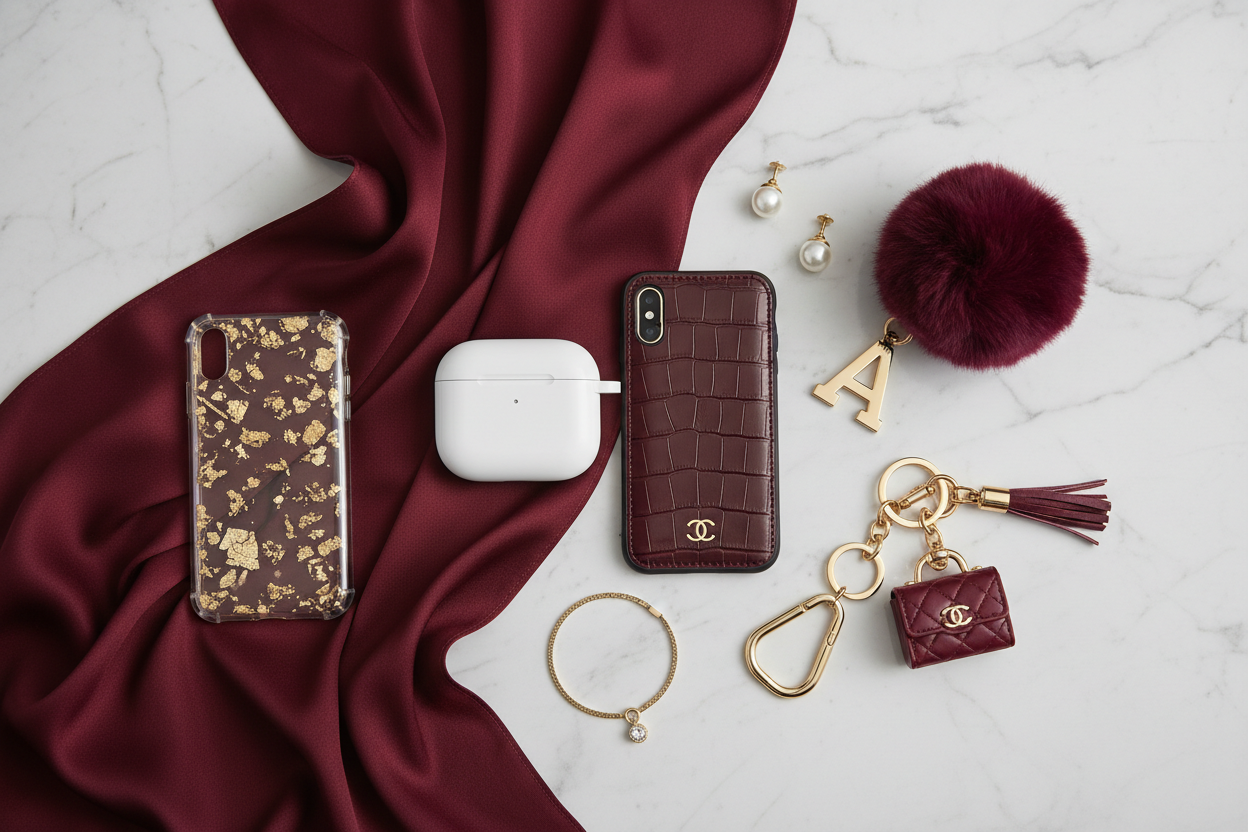 Women's Designer Other Accessories featuring luxury keychains, phone cases, jewelry, AirPods holder, and burgundy scarf arranged on marble — Women's Designer Other Accessories | Shop at Urbalenti NYC