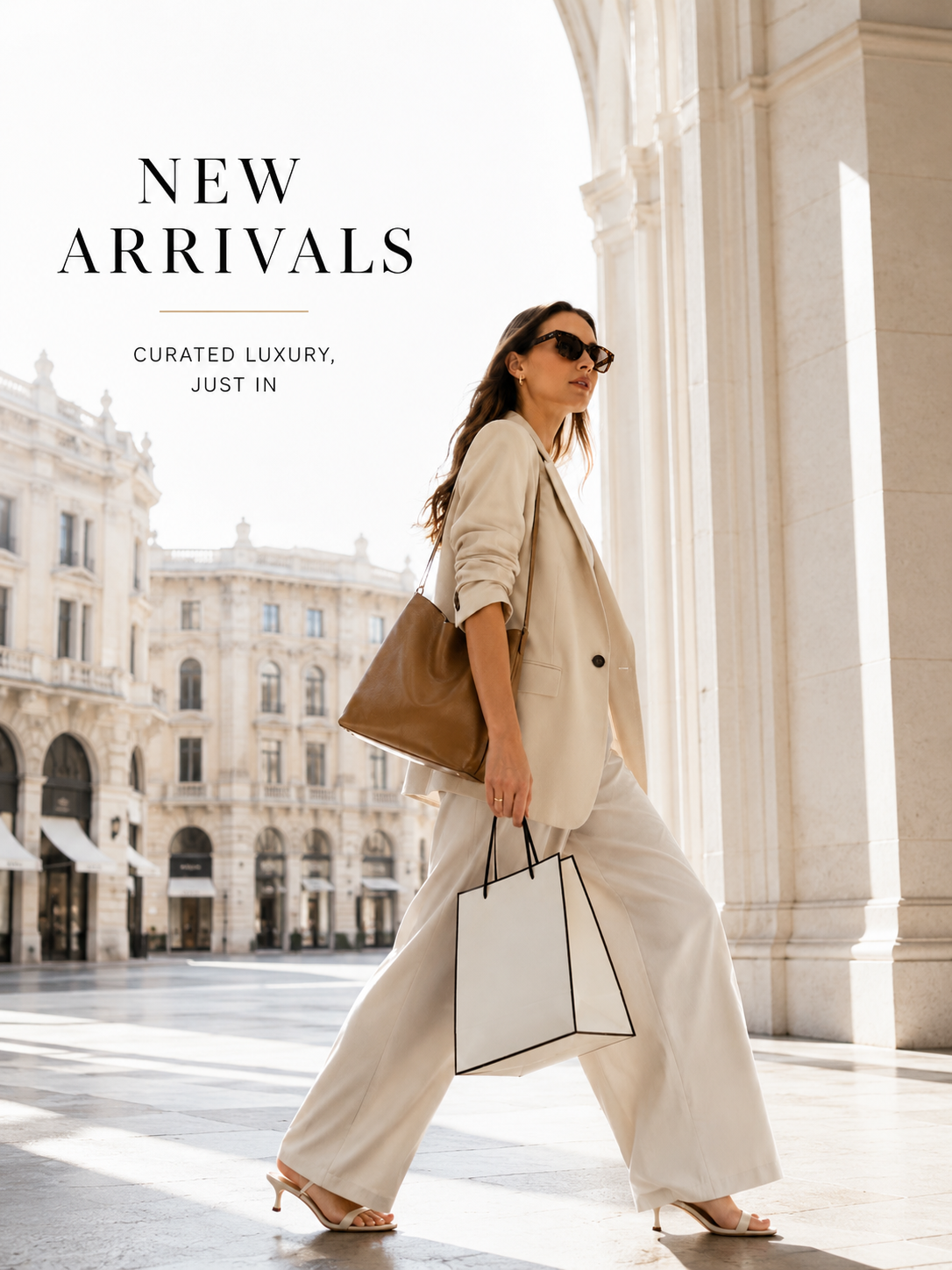 All New In by Urbalenti: beige designer essentials styling with blazer jacket, t-shirt, black backpack, quilted mini bag, pearl jewelry and sunglasses on a neutral fashion display