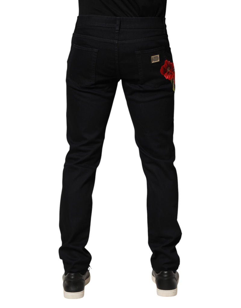 Jeans skinny da uomo in denim nero a fiori di cotone Dolce & Gabbana