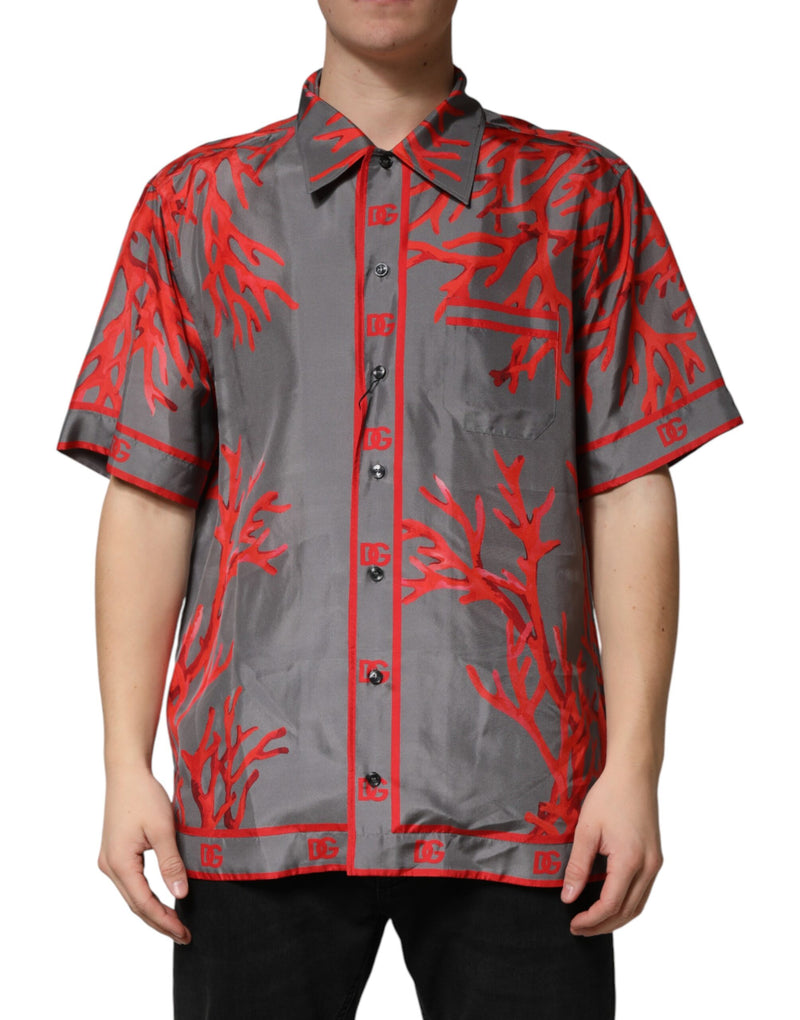 Chemise décontractée à manches courtes avec coraux rouges sur fond gris Dolce & Gabbana