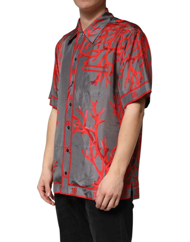 Chemise décontractée à manches courtes avec coraux rouges sur fond gris Dolce & Gabbana