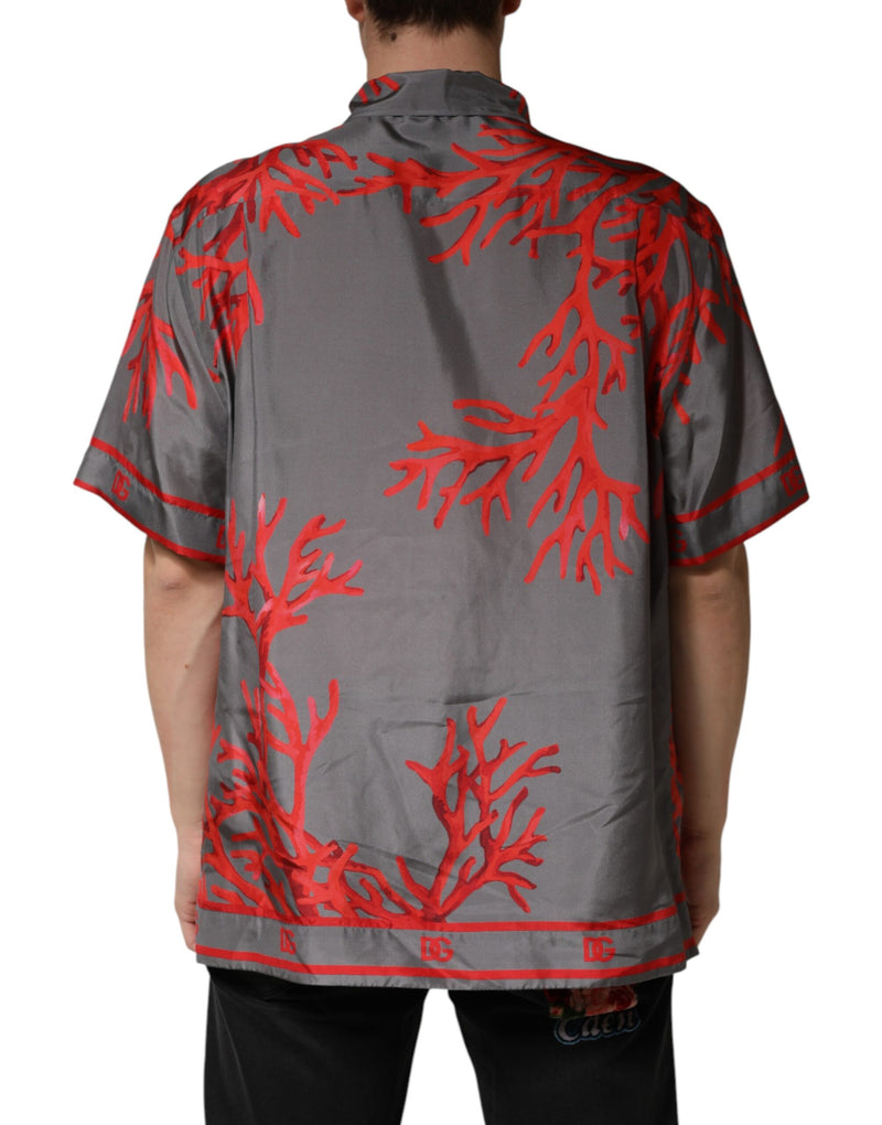 Chemise décontractée à manches courtes avec coraux rouges sur fond gris Dolce & Gabbana