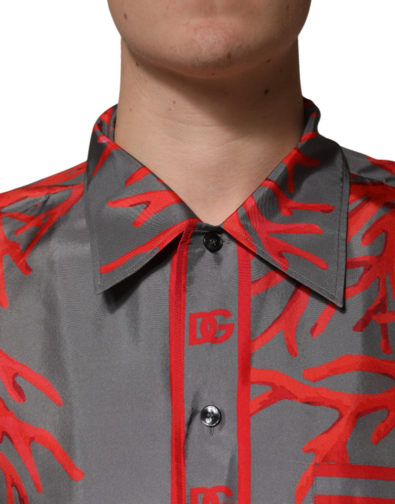 Chemise décontractée à manches courtes avec coraux rouges sur fond gris Dolce & Gabbana