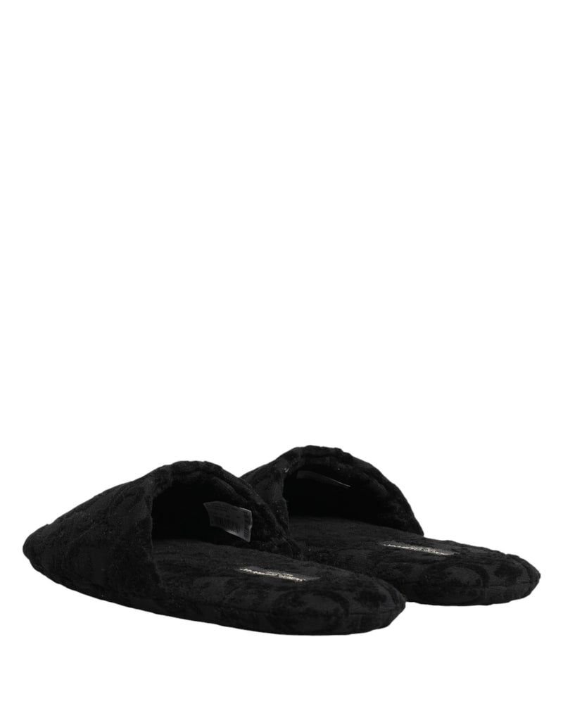 Pantofole basse in pelle nera con logo ricamato Dolce & Gabbana