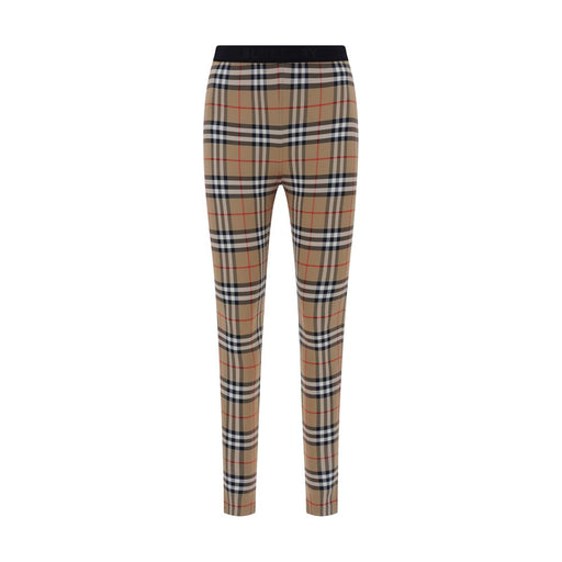 Burberry Archive Check Brown Slim Fit Leggings for Women, Burberry Leggings for Women shown in a full-length front view with signature brown Archive Check pattern and black elastic waistband; Urbalenti NYC, style 13879, item 79661334579, Brown, Burberry, Clothing, Discount_50-59, in-stock, Leggings - Sportswear - Clothing, New with tags, size S, Sportswear - Clothing, Women.