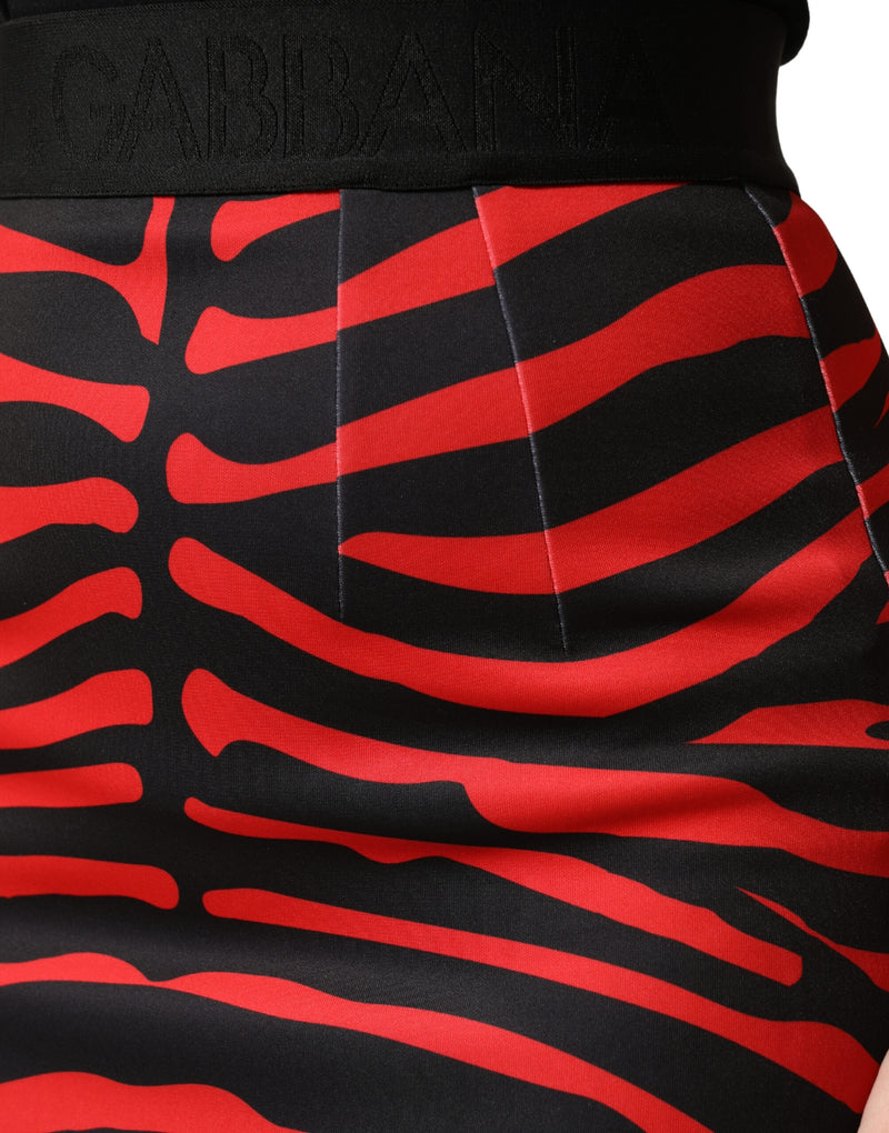 Dolce & Gabbana Red Black Zebra Print Polyester Pencil Midi Skirt