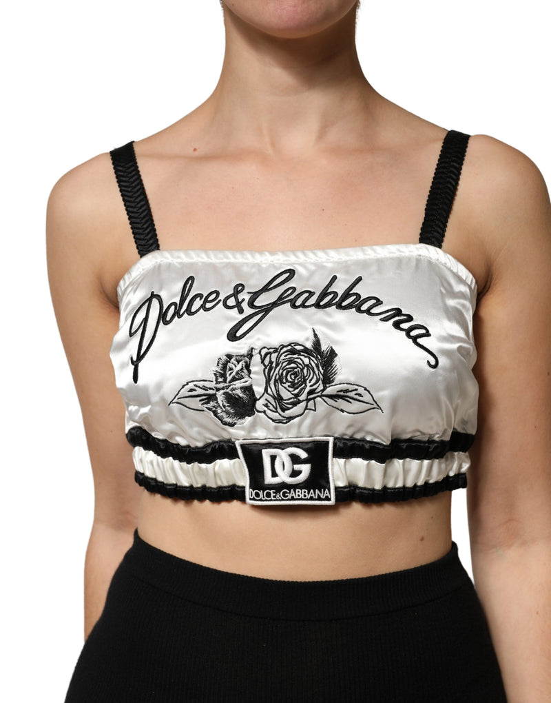 Top bralette cropped de cetim de seda branco com logo preto Dolce & Gabbana