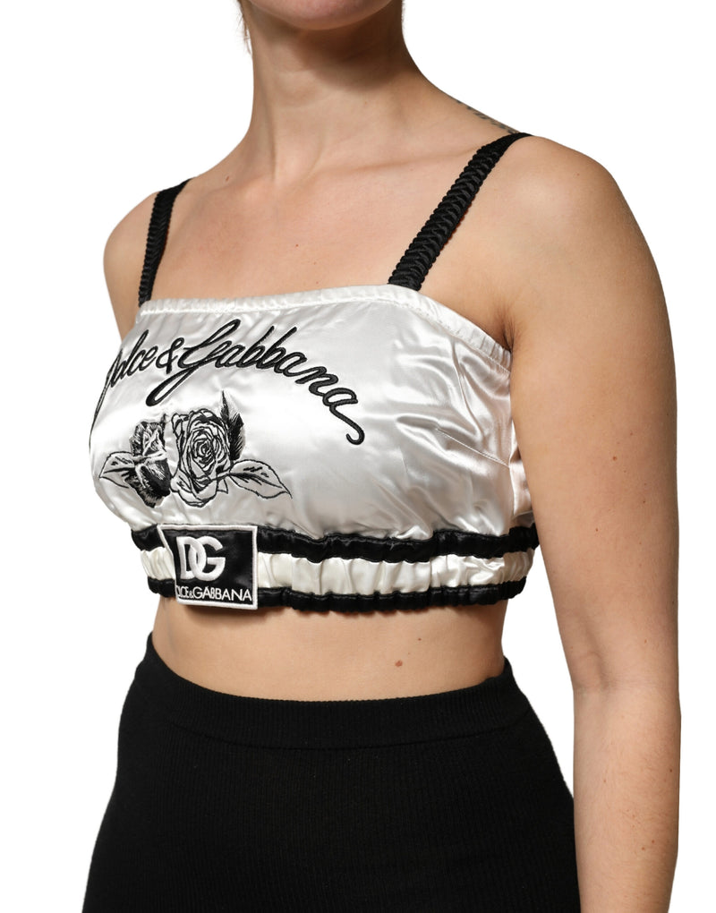 Top bralette cropped de cetim de seda branco com logo preto Dolce & Gabbana