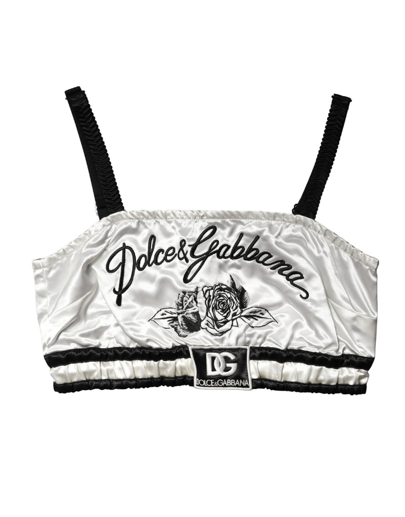 Top bralette cropped de cetim de seda branco com logo preto Dolce & Gabbana
