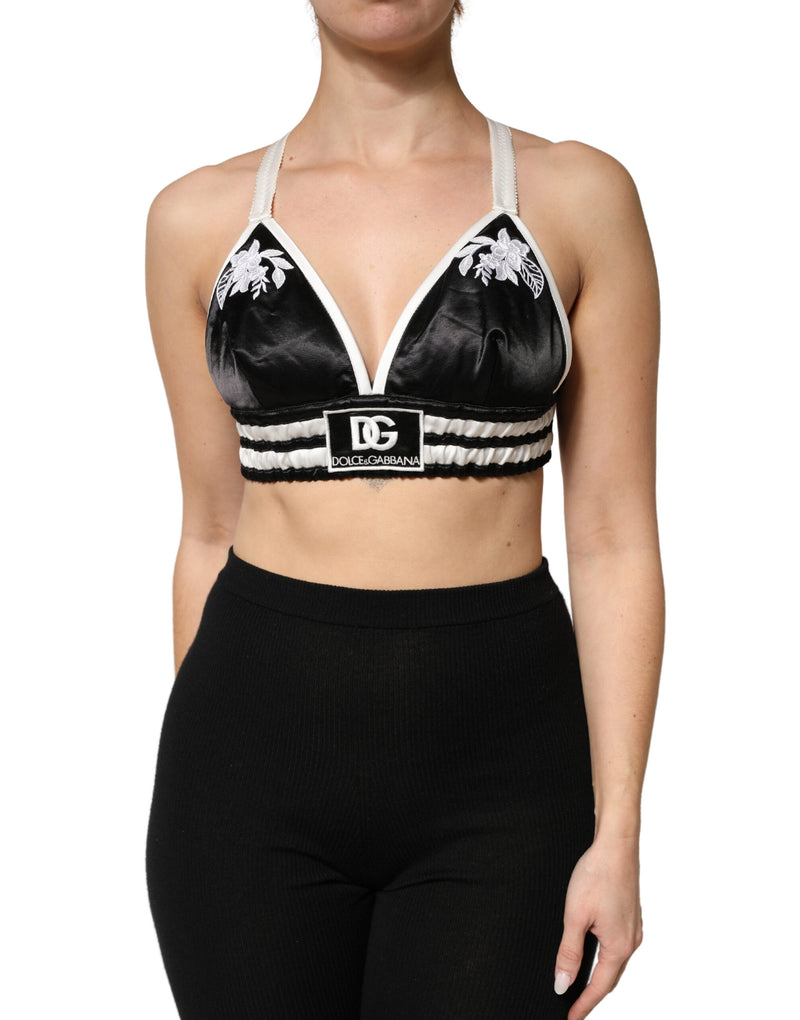 Brassière courte noire à fleurs en satin de soie avec logo Dolce & Gabbana