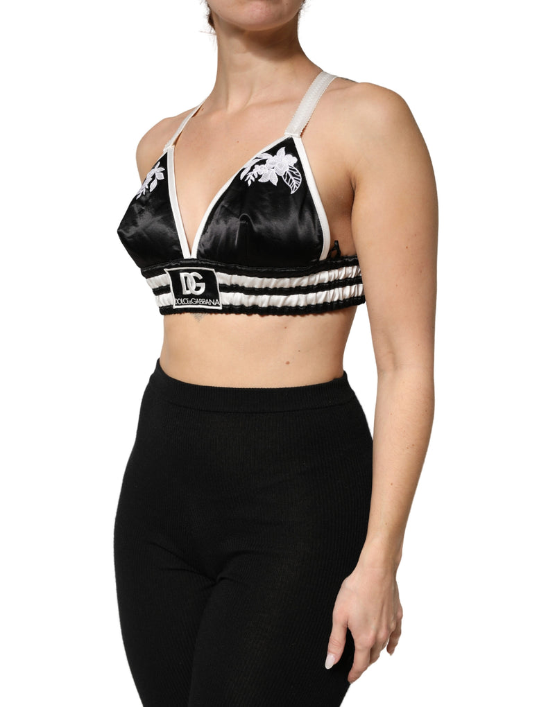Brassière courte noire à fleurs en satin de soie avec logo Dolce & Gabbana