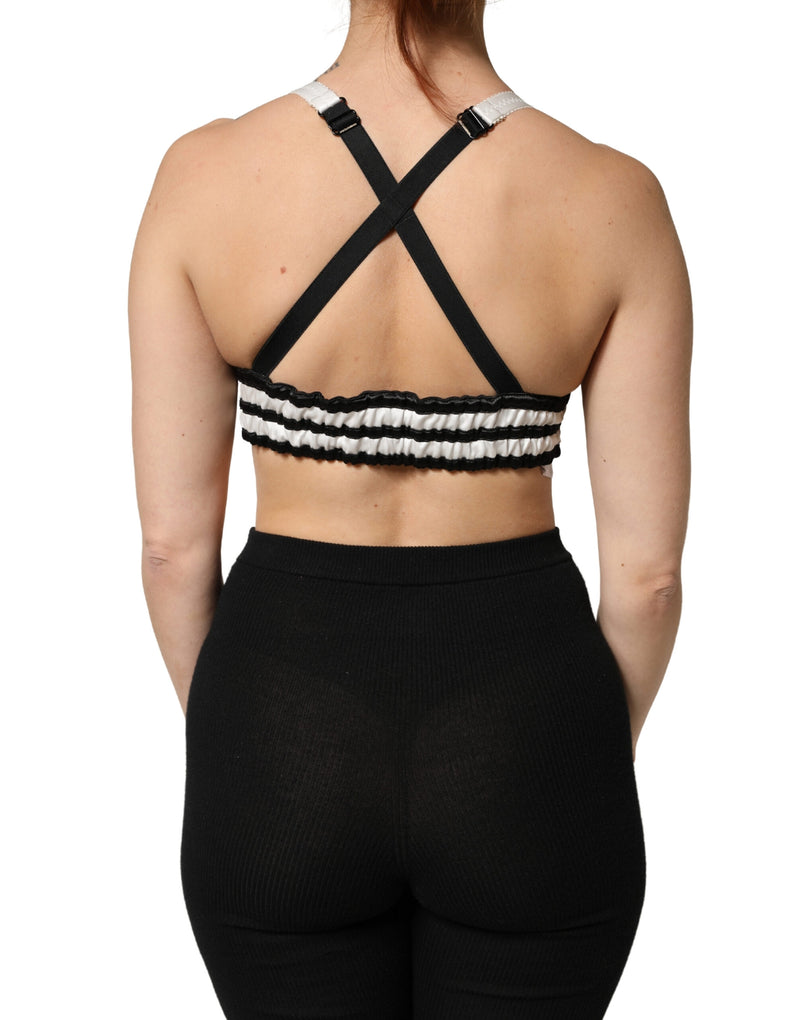 Brassière courte noire à fleurs en satin de soie avec logo Dolce & Gabbana