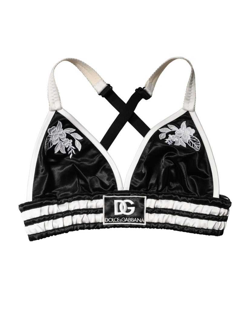 Brassière courte noire à fleurs en satin de soie avec logo Dolce & Gabbana