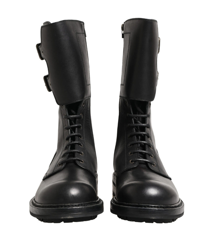 Botas de combate de piel negra con cinturón y hebilla de Dolce & Gabbana