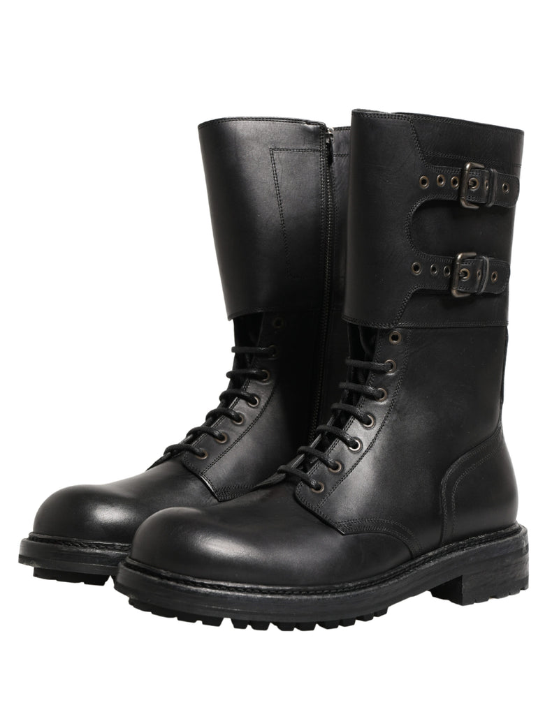Botas de combate de piel negra con cinturón y hebilla de Dolce & Gabbana