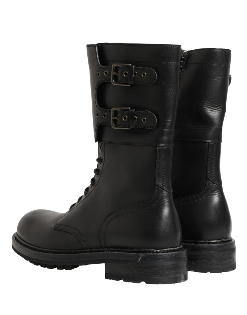 Botas de combate de piel negra con cinturón y hebilla de Dolce & Gabbana