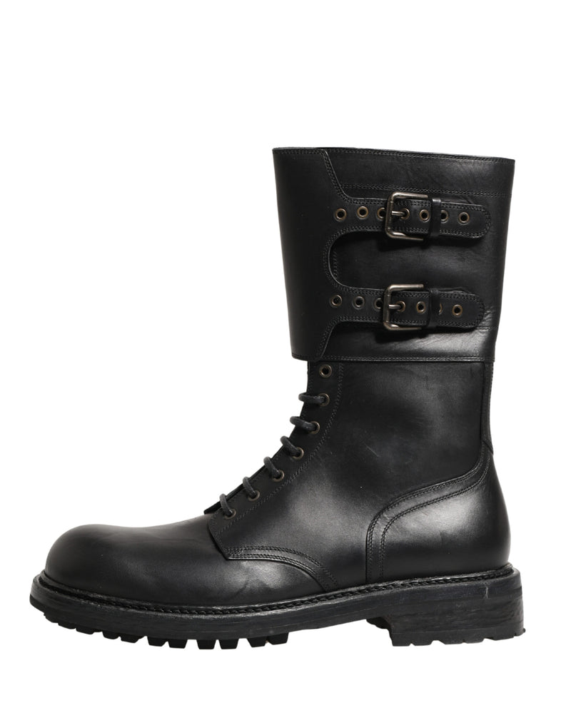 Botas de combate de piel negra con cinturón y hebilla de Dolce & Gabbana
