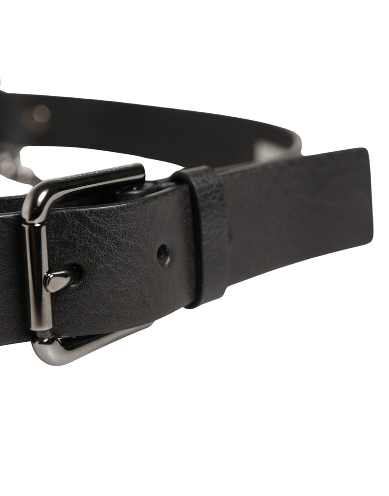 Cinturón de cintura de cadena plateada y piel negra de Dolce & Gabbana para hombre