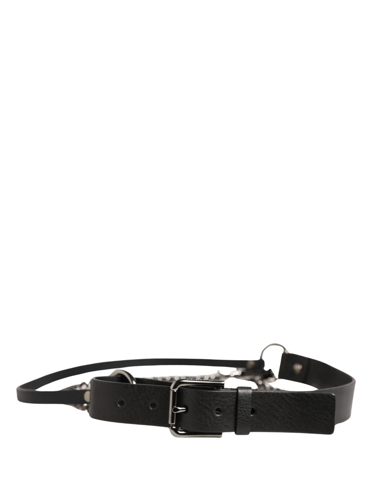 Cinturón de cintura de cadena plateada y piel negra de Dolce & Gabbana para hombre