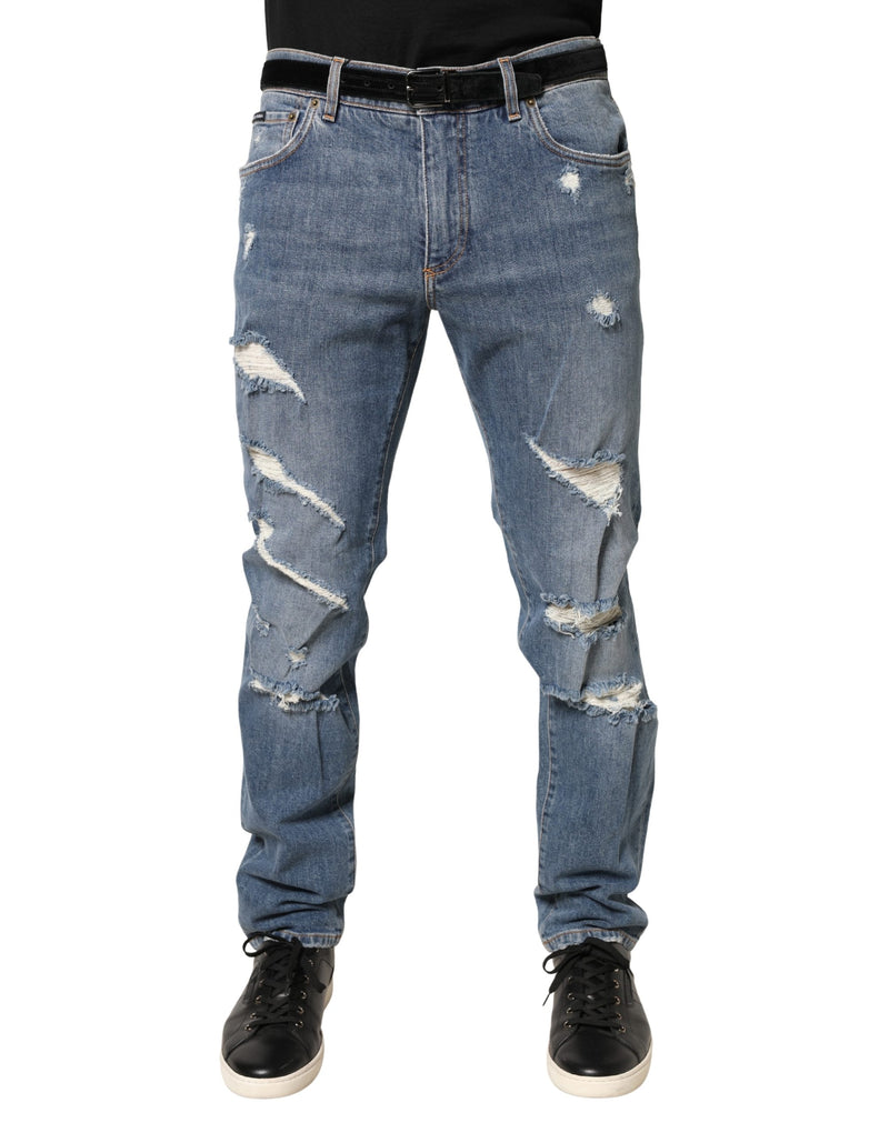 Dolce & Gabbana Blue Tattered Slim Fit Cotton Denim Jeans
