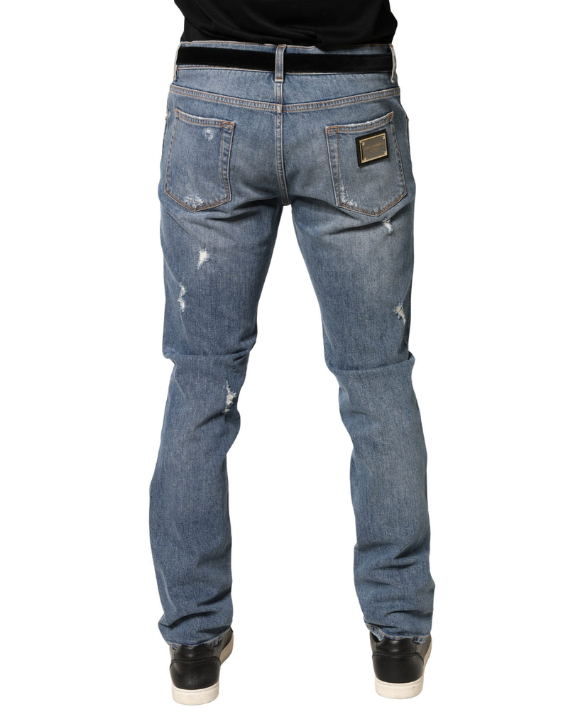 Dolce & Gabbana Blue Tattered Slim Fit Cotton Denim Jeans