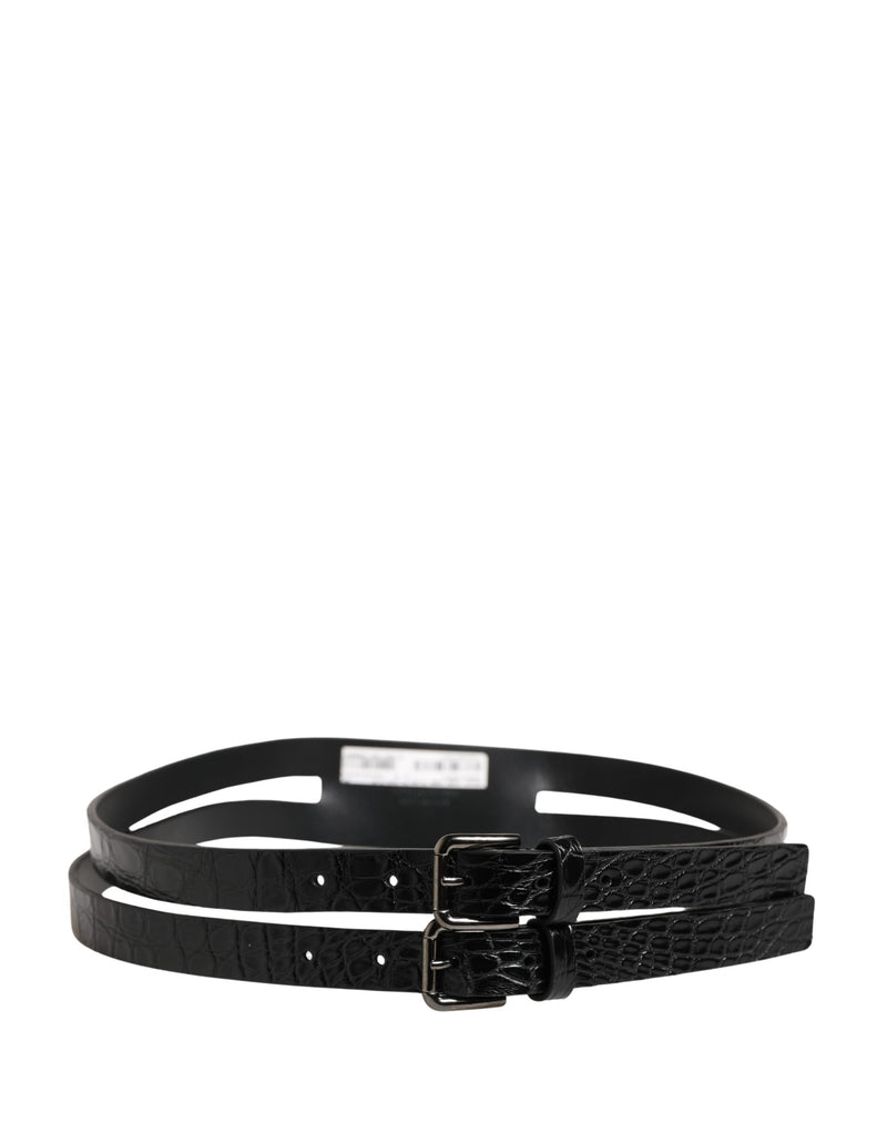 Dolce & Gabbana Black Double Strap Leather Silver Buckle Belt