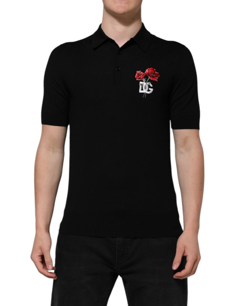 T-shirt à manches courtes en laine noire avec logo et motif floral Dolce & Gabbana