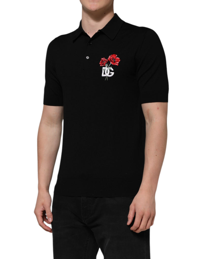 T-shirt à manches courtes en laine noire avec logo et motif floral Dolce & Gabbana