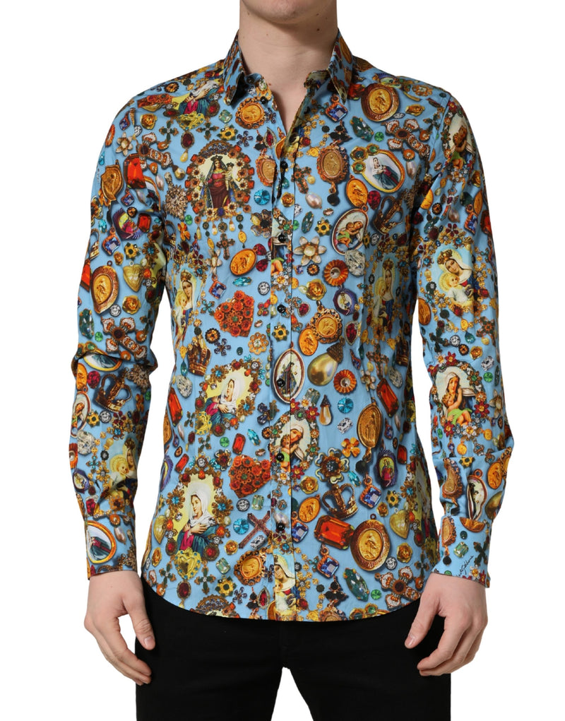 Camicia blu in cotone con stampa gioiello e bottoni dorati Dolce & Gabbana