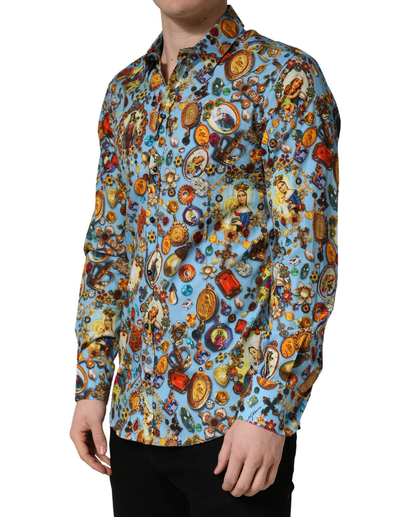 Camicia blu in cotone con stampa gioiello e bottoni dorati Dolce & Gabbana