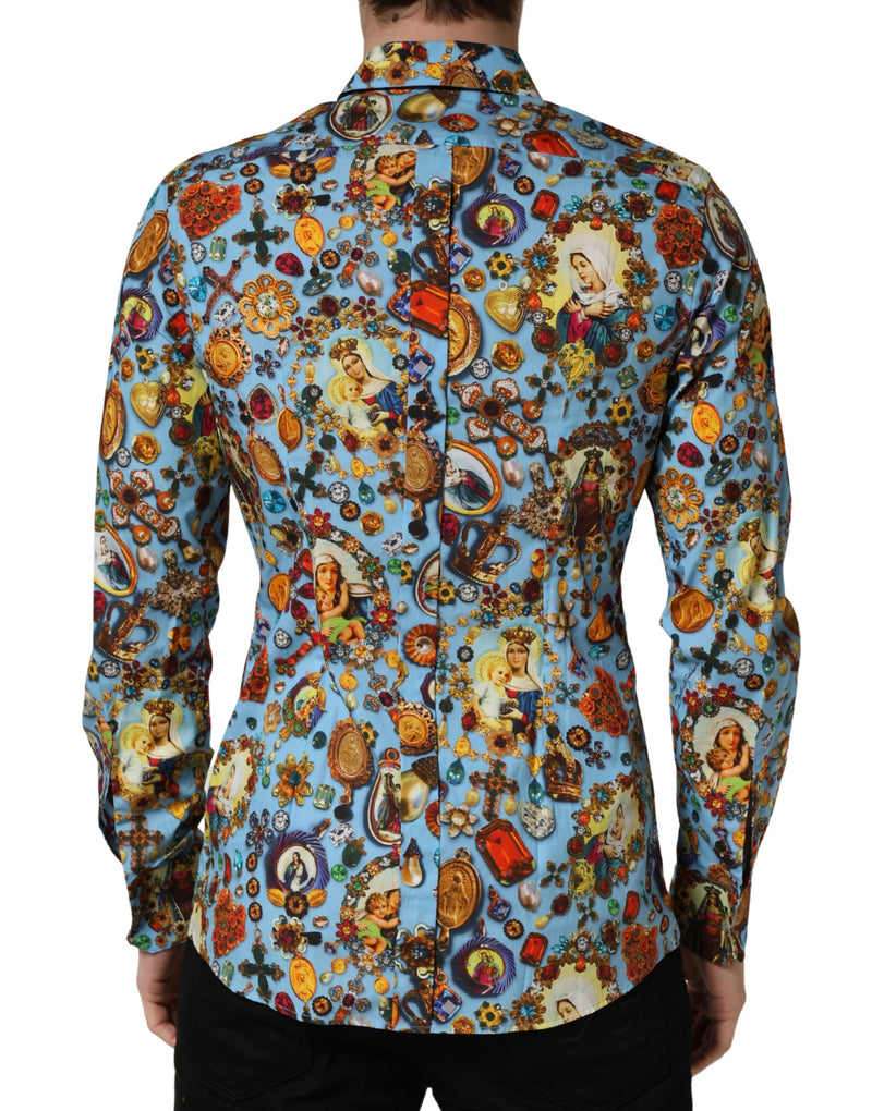 Camicia blu in cotone con stampa gioiello e bottoni dorati Dolce & Gabbana