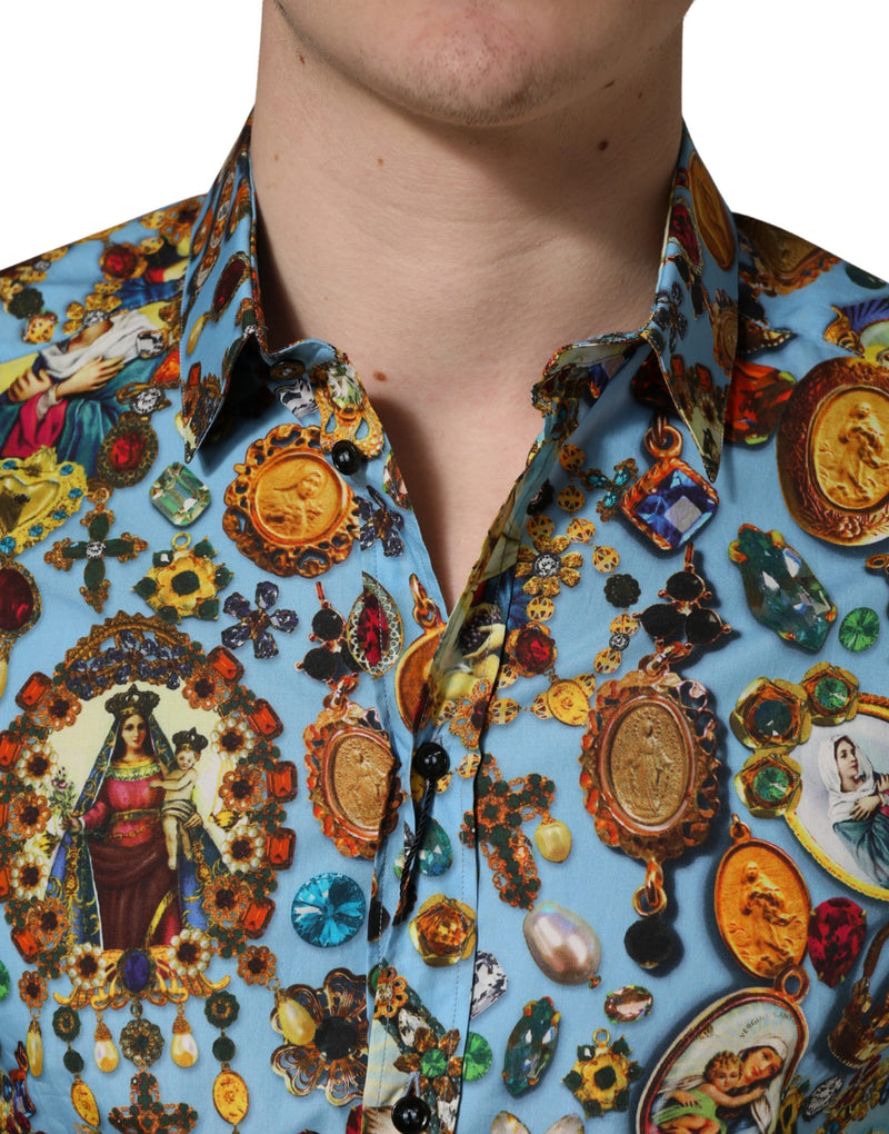 Camicia blu in cotone con stampa gioiello e bottoni dorati Dolce & Gabbana