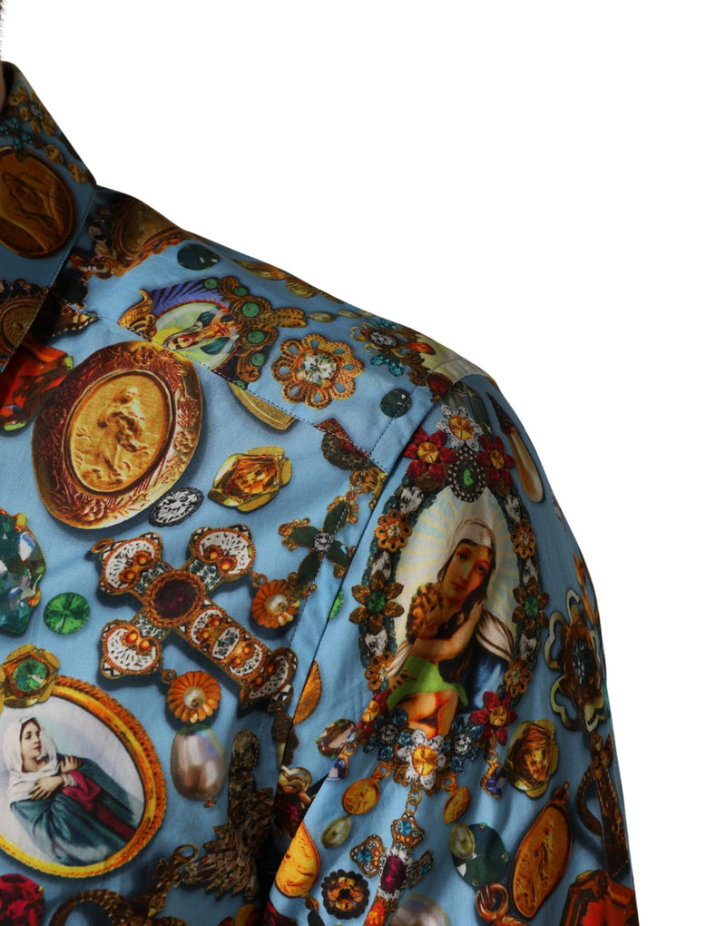 Camicia blu in cotone con stampa gioiello e bottoni dorati Dolce & Gabbana