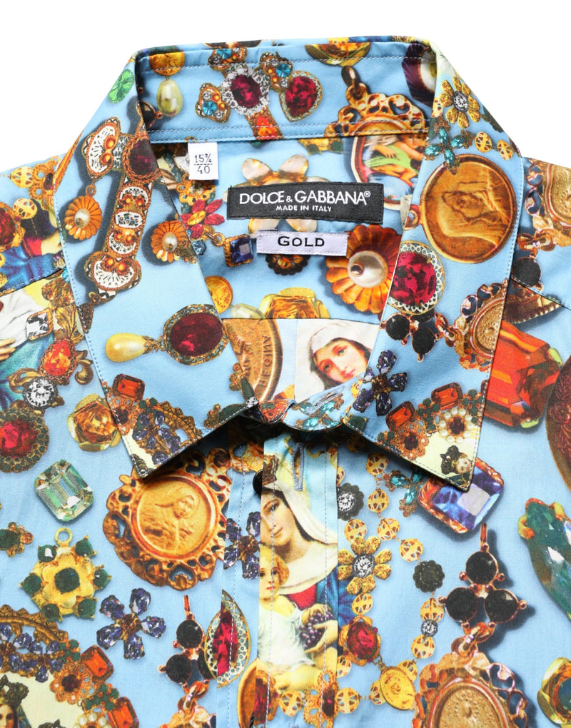 Camicia blu in cotone con stampa gioiello e bottoni dorati Dolce & Gabbana