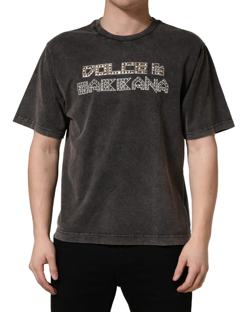 Dolce & Gabbana Gray Logo Embellished Men Crew Neck T-shirt