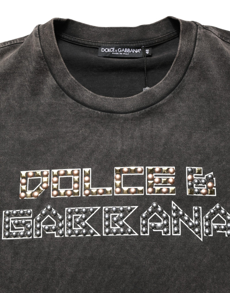 Dolce & Gabbana Gray Logo Embellished Men Crew Neck T-shirt