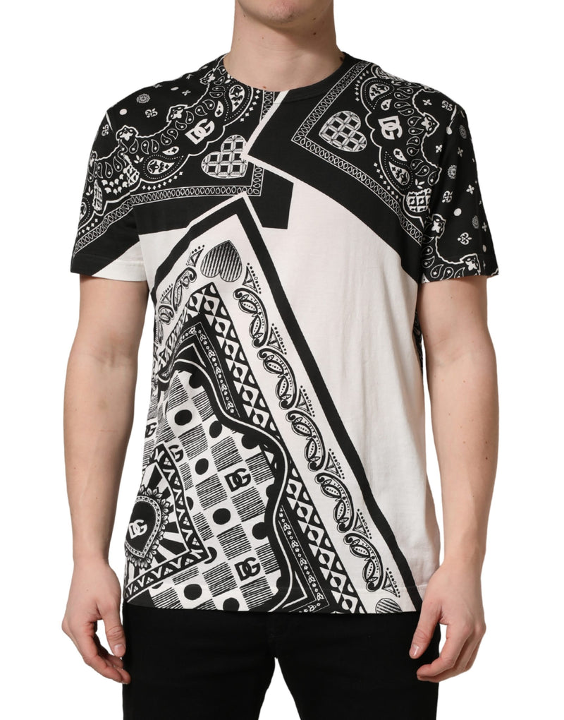 Camiseta de algodão preta e branca com estampa bandana e gola careca Dolce & Gabbana