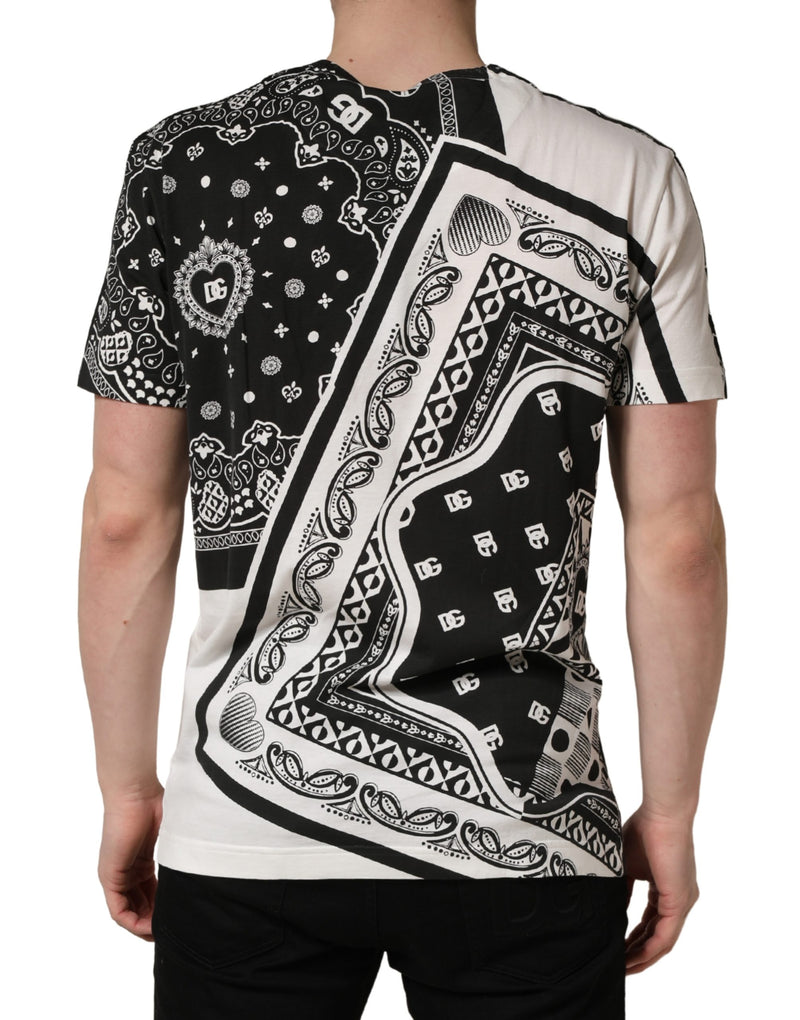 Camiseta de algodão preta e branca com estampa bandana e gola careca Dolce & Gabbana