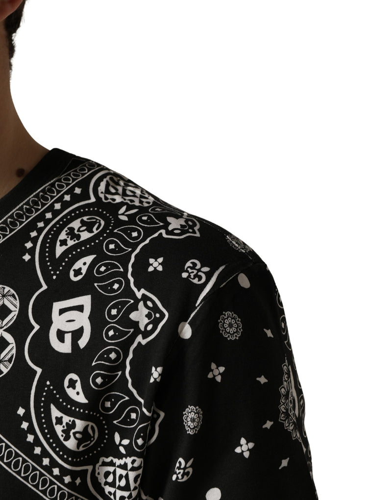 Camiseta de algodão preta e branca com estampa bandana e gola careca Dolce & Gabbana